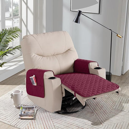 Ruaozz Waterproof Recliner Chair Covers Non Slip Chair Covers Recliner Seat Cover with Arms Washable Recliner Covers for Reclining Chair with Pocket, Covers for Recliner Chair (Wine, Small-22'')