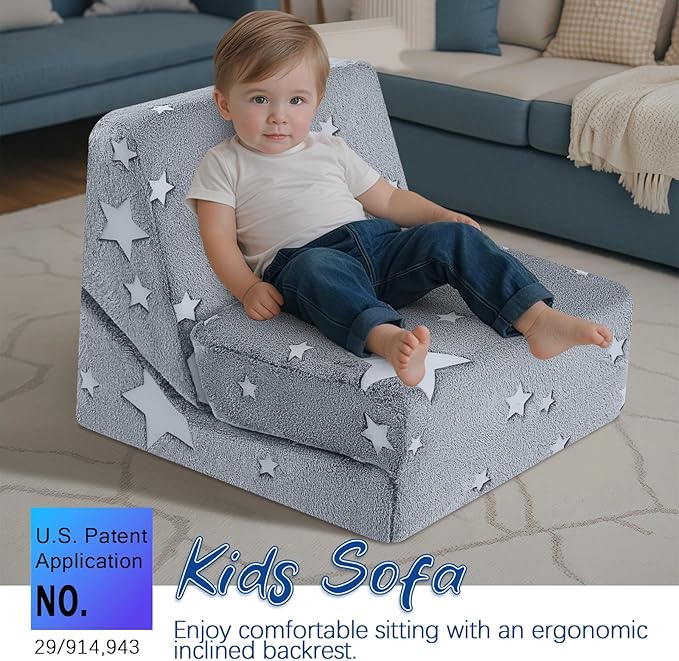 MeMoreCool Toddler Couch Fold Out Sofa Bed, Kids Lounge Chair Foldable Floor Lounger, 3-in-1 Folding Children Chair Bed, Pull Out Recliner for Toddlers 1-6, Star