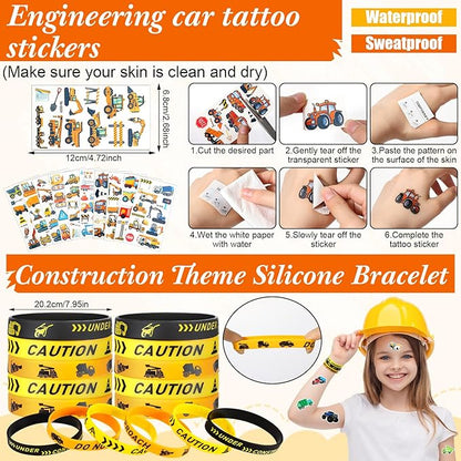 HyDren 194 Pcs Construction Party Favors for 16 People Include Straws Bubble Wands Bracelet Keychain Tattoo Sticker Badge Stamps Cards Organza Bags for Boys Girls Birthday Party Supplies Class Reward