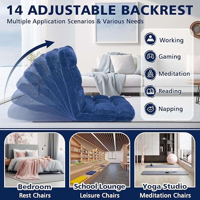 Folding Floor Chair 14-Position Cushioned Adjustable Floor Lazy Sofa Chair w/Breathable Cotton & Skin-Friendly Flannel for Adults & Kids Ideal for Reading Meditating, Navy