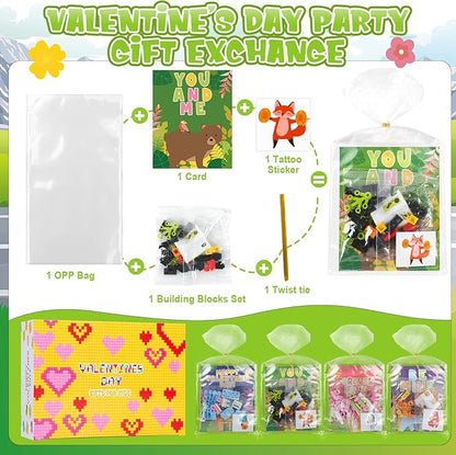 Erweicet Valentines Day Gifts for Kids 24 PCS Animals Building Blocks with Valentines Gift Cards for Kids Boys Girls Classroom Gift Exchange