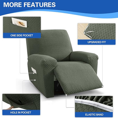 MAXIJIN Recliner Cover Slipcovers for Living Room 4 Pieces Stretch Jacquard Recliner Chair Cover Soft Fitted Recliner Protector with Elastic Bottom for Kids, Pets (Recliner, Army Green)