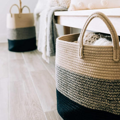 OrganiHaus Large Woven Storage Basket for Blankets and Toys 20" x 13" Inch, Rope Laundry Basket with Handles, Cushions & Pillows Storage Bin, Nursery Hamper, Soft Round Dog Toy Bin - Brown/Black