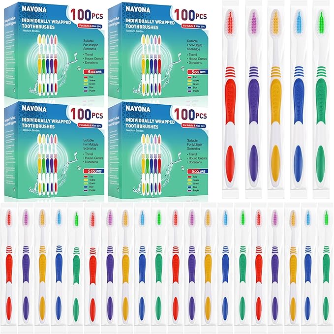 Navona 400 PCS Premium Individually Wrapped Bulk Toothbrush Pack, Disposable Toothbrush, Soft Toothbrush for Adult or Kid, Soft Bristle Toothbrush, Ergonomics Handle, Perfect for Travel,Hotel,Donation