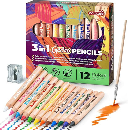3 In 1 Color Pencils | 12 Colors Set inc. Brush And Sharpener | Non-Toxic And Vegan Colors For Ages 3 And Up