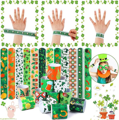 JUNEBRUSHS St. Patrick's Day Slap Bracelets, 56 Pack Saint Patricks Party Favors for Kids Shamrock Slap Bands Irish Clover Wristbands Snap Bracelets Bulk for Boys Girls Birthday Gifts Party Supplies