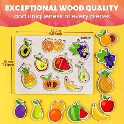 QUOKKA Wooden Puzzles for Toddlers 1-2 – 4 Set Pegged Puzzles for Kids Ages 1-2 – Fruits Learning Toy for Kids – Gift Realistic Educational Game for Boy and Girl