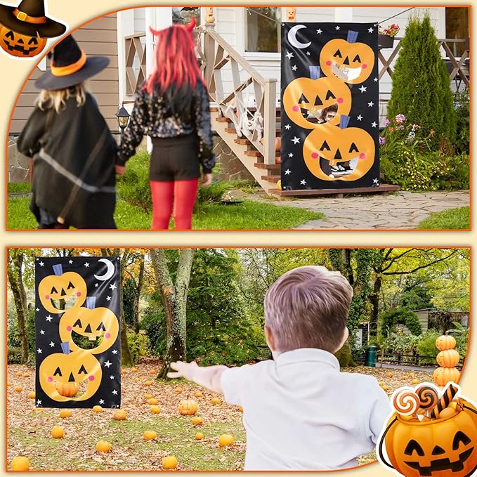 Libima Halloween Party Games Set Includes Pumpkin Bean Bag Toss Games Inflatable Spiders Witch Hat Toss Game Halloween Eyeball Spoon Relay Race Game Bingo Game for Kids Adults, 4 types