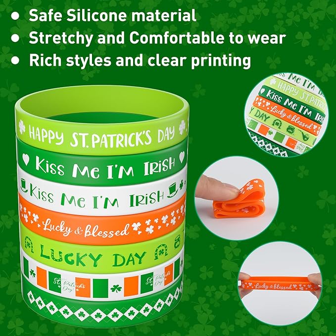 Morcheiong 70 Pcs St. Patrick's Day Silicone Bracelets Pink Red Party Favors Classic Rubber Wristbands for Kids Adults St. Patrick's Day Party Decorations