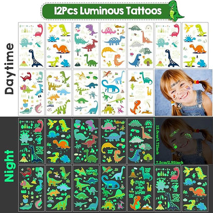 Golray 72Pack Dinosaur Birthday Party Supplies Favors Safari Hat Tote Goodie Bags Luminous Dino Figure Tattoo Keychain Slap Bracelet for Kid Boy Safari Jungle Explorer Dinosaur Party Favor Supplies