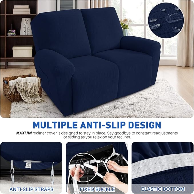 MAXIJIN Waterproof Loveseat Recliner Cover 4 Pieces Reclining Love Seat Slipcvers, Recliner Sofa Cover 2 Seater with Elastic Straps & Pockets for Pet, Kids (Loveseat Recliner, Navy Blue)