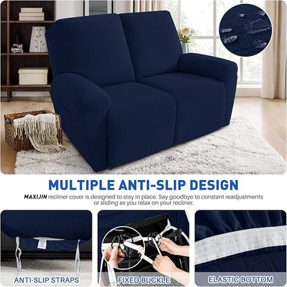 MAXIJIN Waterproof Loveseat Recliner Cover 4 Pieces Reclining Love Seat Slipcvers, Recliner Sofa Cover 2 Seater with Elastic Straps & Pockets for Pet, Kids (Loveseat Recliner, Navy Blue)