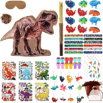 123 Pcs Dinosaur Piñata Set for Birthday Party 15 x 12 x 3'' Dinosaur Piñata with Blindfold Bat Confetti Slap Bracelet Keychain Stamps Sticker Rings Gift Bag for Kids Jungle Party Game Decor