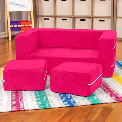 Jaxx Zipline Kids Modular Loveseat & Ottomans, Fold Out Lounger, Fuchsia