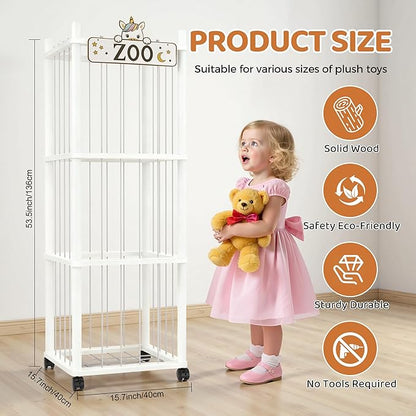 Stuffed Animal Storage Zoo Tower,56In Wooden Large Stuffed Animal Holder Organizer with Wheels,Stuffy Plushies Storage with Elastic Band&Mesh Bottom,Toy Storage Organizers for Playroom Nursery（White）