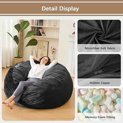 Bean Bag Chairs for Adults - Memory Foam Furniture BeanBag Chair - Kids/Teens Sofa with Soft Micro Fiber Cover - Round Fluffy Couch for Living Room Bedroom College Dorm - 3 ft, Carbon Black