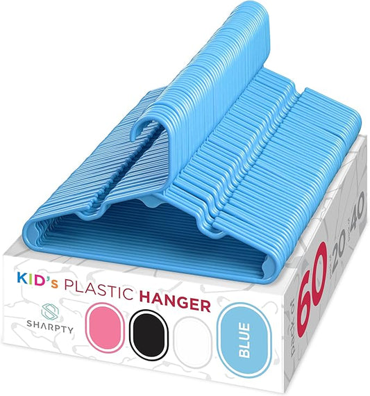 Sharpty Kids Plastic Hangers, Children's Hangers for Baby, Toddler, and Child Clothes - Everyday Standard Use - Ideal for Boys and Girls Closet, Clothing, Pants, Coats, and More - Blue, 60 Pack