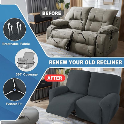 JIVINER 4 Pieces Recliner Loveseat Covers Stretch Recliner Sofa Slipcover with Elastic Bottom Jacquard Fitted Reclining Couch Cover Furniture Protector with Pockets (2 Seater, Dark Grey)