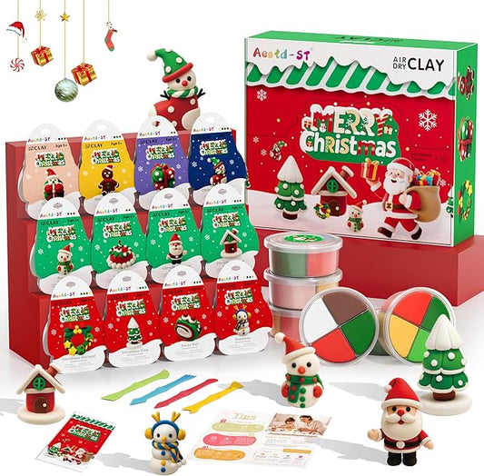 Air Dry Clay Kit - Christmas Theme, Modeling Clay for Kids, DIY Model Magic Clay with Sculpting Tools and Tutorials,12 Boxes Molding Clay, Ultra Light, Soft & Non-Sticky, Arts and Crafts Gift for Kids