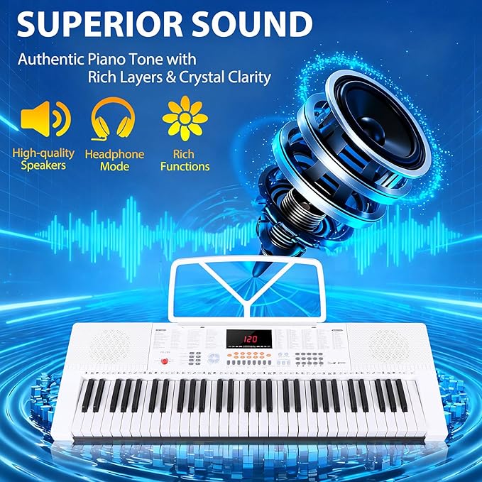 Smartxchoices 61-Key Electronic Keyboard Piano Stand Portable LED Display Keyboard Kit with Adjustable Stand, Adjustable Stool, Headphones, Microphone & Music Rest, White