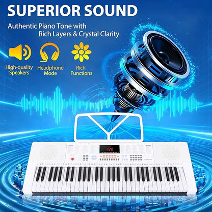 Smartxchoices 61-Key Electronic Keyboard Piano Stand Portable LED Display Keyboard Kit with Adjustable Stand, Adjustable Stool, Headphones, Microphone & Music Rest, White