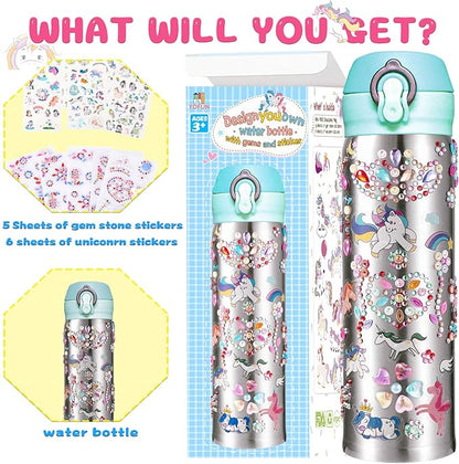 Y YOFUN Create Your Water Bottle with Tons of Rhinestone Gem Stickers - Craft Kit & DIY Art Set for Children, Gift for Girls - 17 OZ BPA Free Stainless Steel Vacuum Insulated Mug (Gemstone & Unicorn)