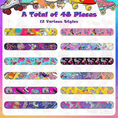 48PCS Roller Skate Party Favors Slap Bracelets, Roller Skate Wristbands Bracelets Goodie Bag Fillers Throwback 90s Roller Skating Hip Hop Birthday Decorations Supplies for Kids Adults