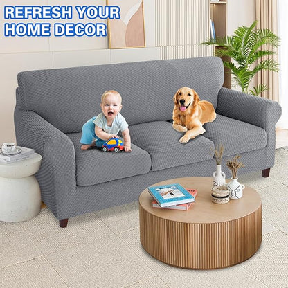 MAXIJIN 4 Piece Jacquard Extra Large Couch Covers for 3 Cushion Couch Super Stretch Non Slip Couch Cover for Dogs Pet Friendly Sofa Slipcover Furniture Protector (Oversized Sofa, Light Gray)
