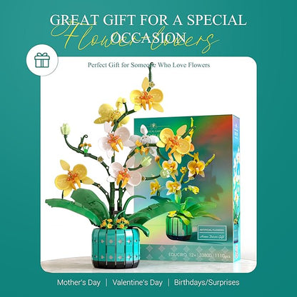 BAKA Orchid Flower Building Kit for Adults and Kids, Orchid Bonsai Building Set for Home Decor Botanical Collection in White and Yellow Orchid, Idea Gift for Valentines Day, Birthday - 1110pcs