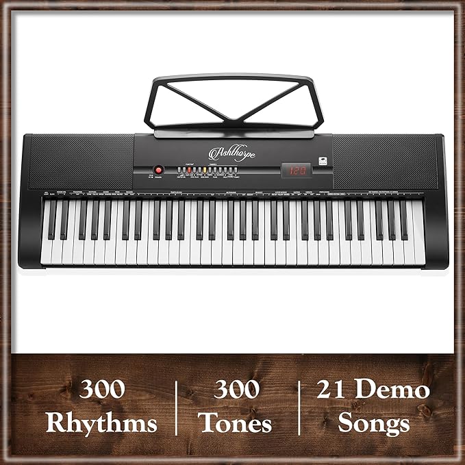 Ashthorpe 61-Key Digital Keyboard Piano with Lighted Keys, Stand, and Bench, Portable Electronic Piano Keyboard Kit with Headphones and Microphone