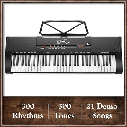 Ashthorpe 61-Key Digital Keyboard Piano with Lighted Keys, Stand, and Bench, Portable Electronic Piano Keyboard Kit with Headphones and Microphone