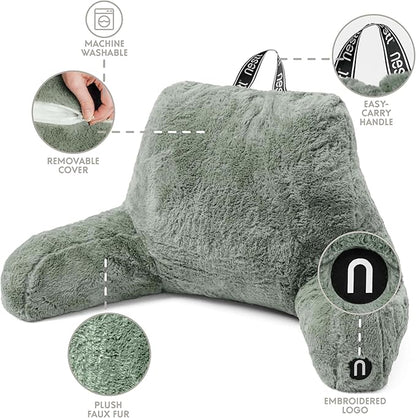 Nestl Fur Reading Pillow, Stylish Back Pillow for Bed Sitting Up, Faux Fur Bed Chair Pillow with Arms, Reading Pillows for Sitting in Bed Adult & Kids, Back Support Pillow for Bed Rest - Sage Green