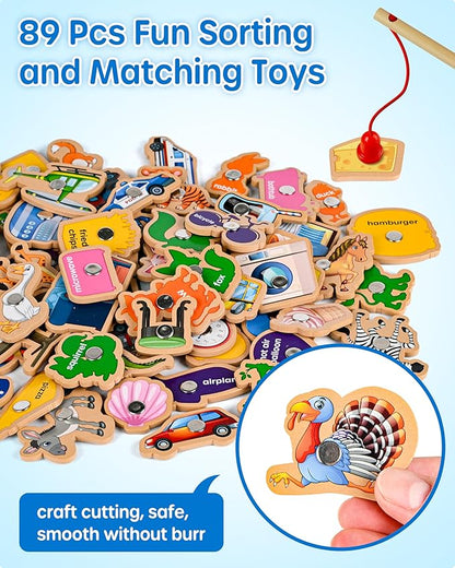 SYNARRY 89 Pcs Wooden Magnetic Sight Word Fishing Game Preschool Activity, Memory Sorting Matching Game for 3 4 5 Years Old Learning Flashcards, Montessori Educational Toys Gifts for Kids Ages 3-5 4-6