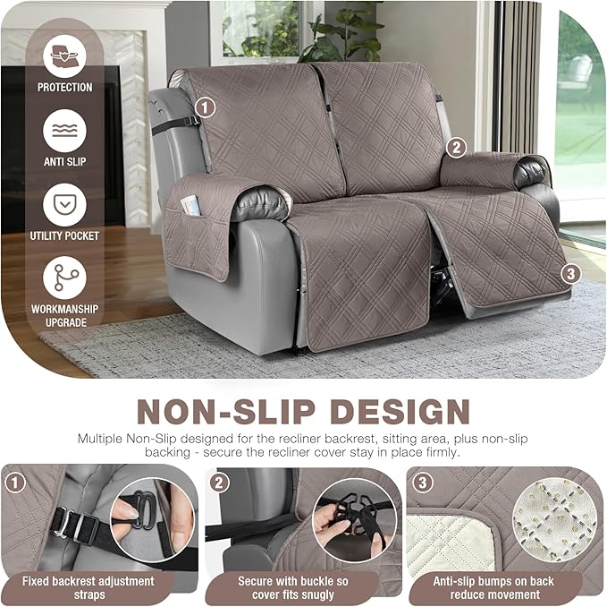 TAOCOCO 100% Waterproof Oversized Loveseat Recliner Cover, Non Slip Split Loveseat Covers for Reclining Loveseat with Elastic Straps for Kids Pets(Oversized 2 Seater, Light Browm)