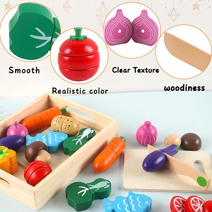newlng Wooden Play Food Sets for Kids Cutting Vegetables Pretend Play Kitchen Accessory for Toddler Montessori Toys Early Educational Toys with Wooden Box & Knife & Cutting Board