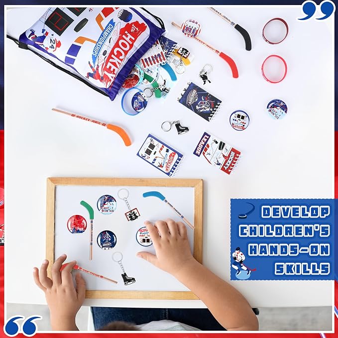 Paterr 102 Pcs Hockey Party Favor Supplies Set Include Hockey Drawstring Bags Silicone Bracelets Badge Buttons Spiral Notebooks Hockey Pencils and Erasers Bookmarks and Stickers for Hockey Gifts