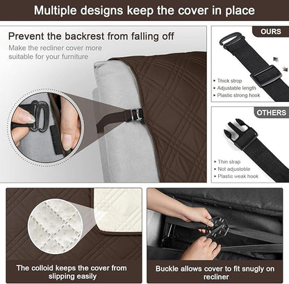 TAOCOCO 100% Waterproof Recliner Chair Cover, Oversized Recliner Covers for Large Recliner Chair with Double Straps, Non Slip Reclining Chair Cover for Kids, Pets(Oversized Recliner, Chocolate)