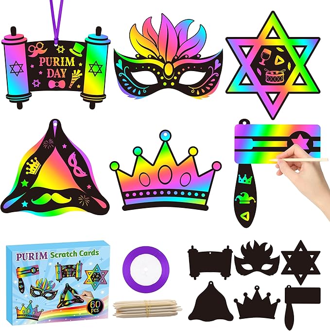 CY2SIDE Purim Day Scratch Cards - 60PCS Jewish Holiday Magic Color Rainbow Paper Bookmarks Craft Kits for Kids Sunday School Classroom Activities Art Project Decorations Religious Easter Party Favor