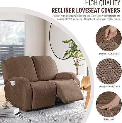 KinCam Recliner Covers, Stretch Reclining Chair Covers, Recliner Sofa Slipcovers Stripe Jacquard Recliner Couch Covers Furniture Protector Covers for Pet Kid (2 Seater, Light Coffee)