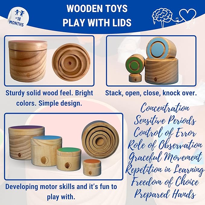 Montessori Wooden Stacking Boxes with Lids – Educational Toy for Toddlers – Fine Motor Skills & Sensory Development – Natural Wood Design – Cylindrical Stacking Set