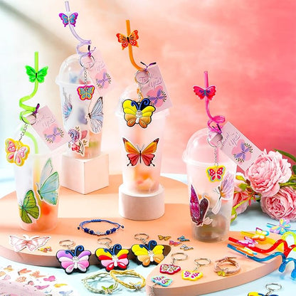 Ecally 171 Pcs Butterfly Party Favors for Girls Butterfly Keychain Hairpins Stickers Bracelet Ring Necklace Tattoo Straws Plastic Cups with Dome Lids Tag for Kids Butterfly Birthday Party Supplies