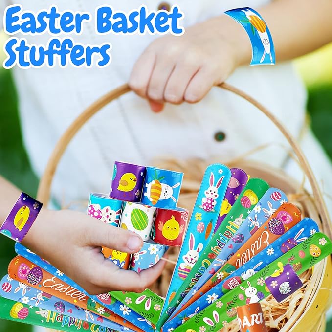 54Pcs Easter Slap Bracelets, Easter Basket Stuffers, Easter Egg Fillers, Easter Egg Hunt Event, Party Favors for Kids, Classroom Prizes Boys Girls School Supplies