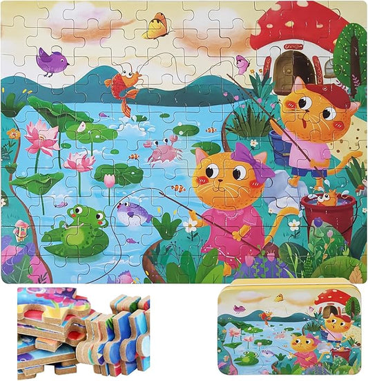 100PCS Kids Puzzles Wooden Block Jigsaw Puzzles for Kids Ages 6-8 8-10 10-12 Educational Learning Toys Set for Boys and Girls(Cat)