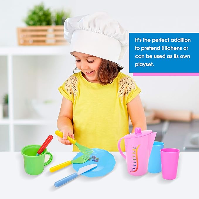 PowerTRC Kids Pretend Play Dishes Playset, Durable Kitchen Toys and Tea Set for Children, Wash and Dry Tea Playset with Dish Rack and Accessories (27 Pieces)