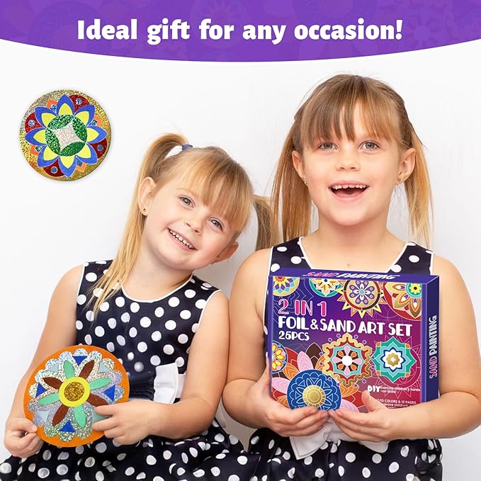 Foil Art & Sand Art Kit, 2 in 1 Mandala Arts and Crafts for Kids Ages 4-8, Mess Free DIY Coloring Kit for Girls and Boys, Thanksgiving Christmas Festivals Party Gifts
