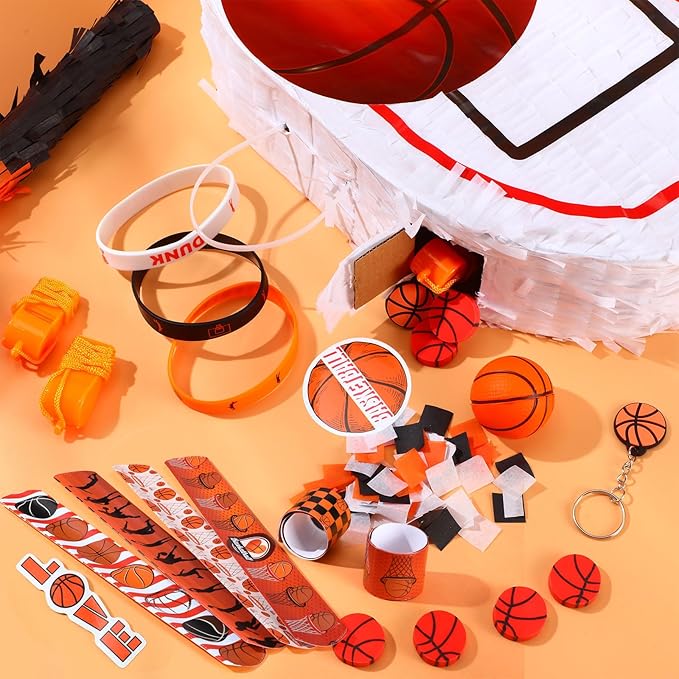 162 Pcs Basketball Piñata Basketball Party Favors with Blindfold Confetti Bat Stress Balls Keychains Wristbands Whistles Eraser Slap Bracelet Stickers Sports Piñata Birthday Party Decoration