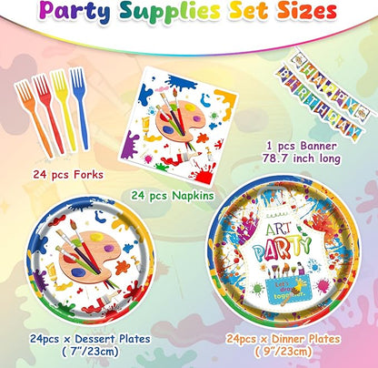 Art Party Kit for 24 Guests - 97 Pcs Including Plates, Forks, Napkins, Bunting - Unleash Imagination with Colorful Artist's Tableware