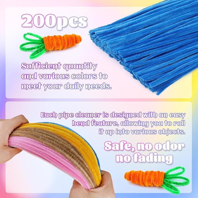 LOKUNN Pipe Cleaners, 200 Pcs Lake Blue Pipe Cleaners Craft Set, Solid Color Chenille Stems, DIY Arts and Crafts with Adhesive Eyes and Storage Box, Christmas Mother's Day Decoration Art Supplies