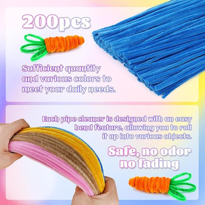 LOKUNN Pipe Cleaners, 200 Pcs Lake Blue Pipe Cleaners Craft Set, Solid Color Chenille Stems, DIY Arts and Crafts with Adhesive Eyes and Storage Box, Christmas Mother's Day Decoration Art Supplies