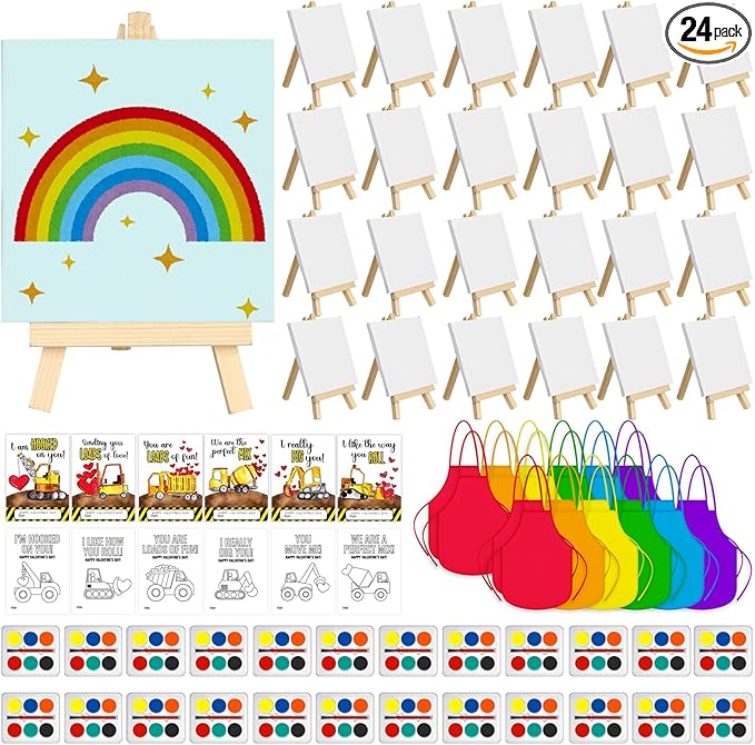 Gosodeny 24 Sets Valentines Watercolor Paint Set Painting Cards Painting Canvas Panel with Wooden Easel Watercolor Paint Painting Brush Kit Valentines Day Cards Packaging Bag Set Gifts